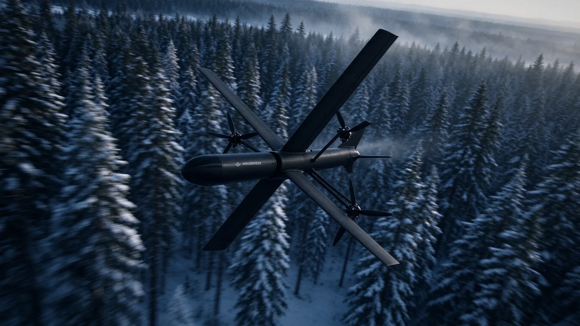 Cobra flying low over a snowy forest, design visualisation