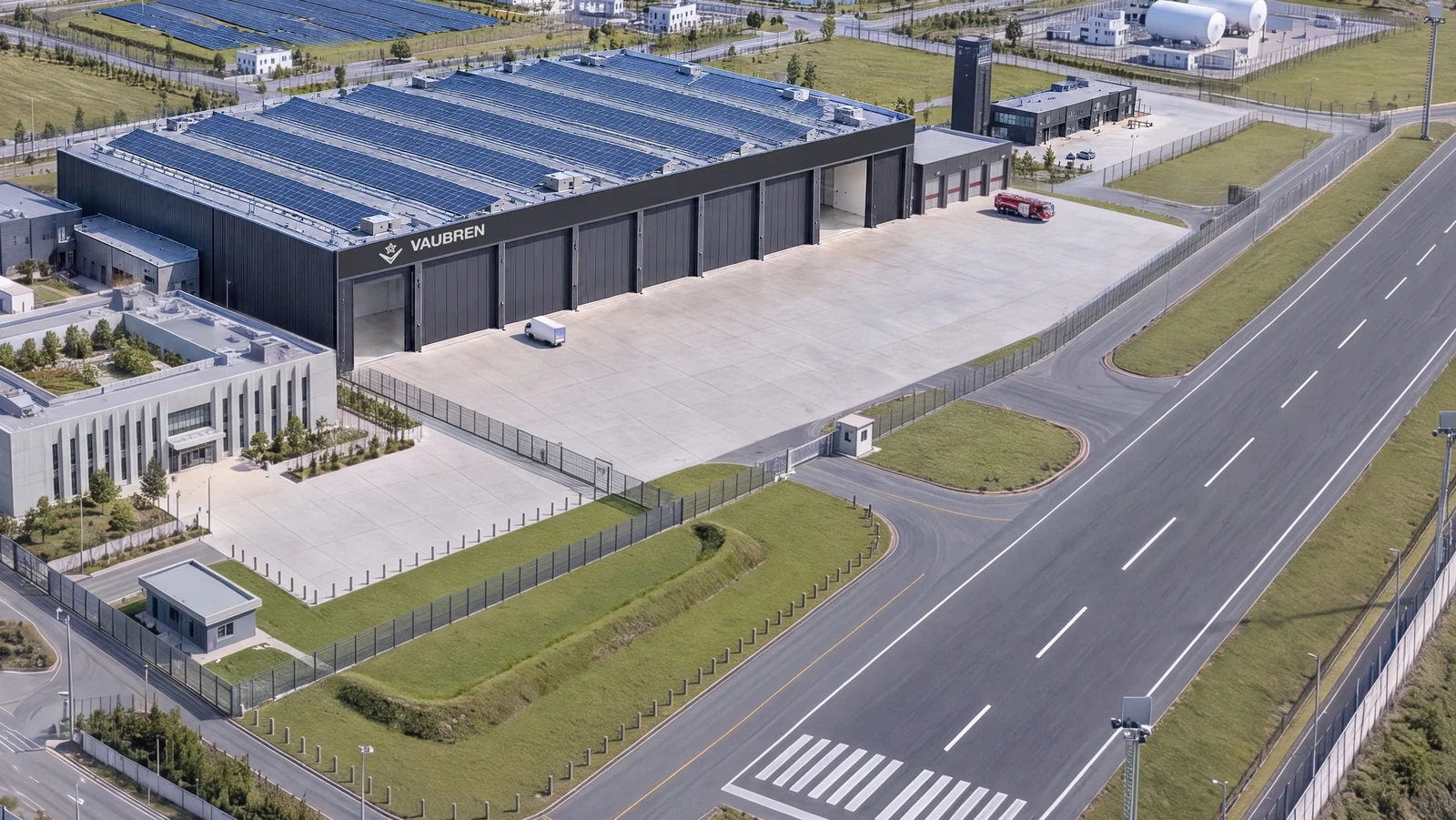 The planned Starfort production hangar and apron, design visualisation
