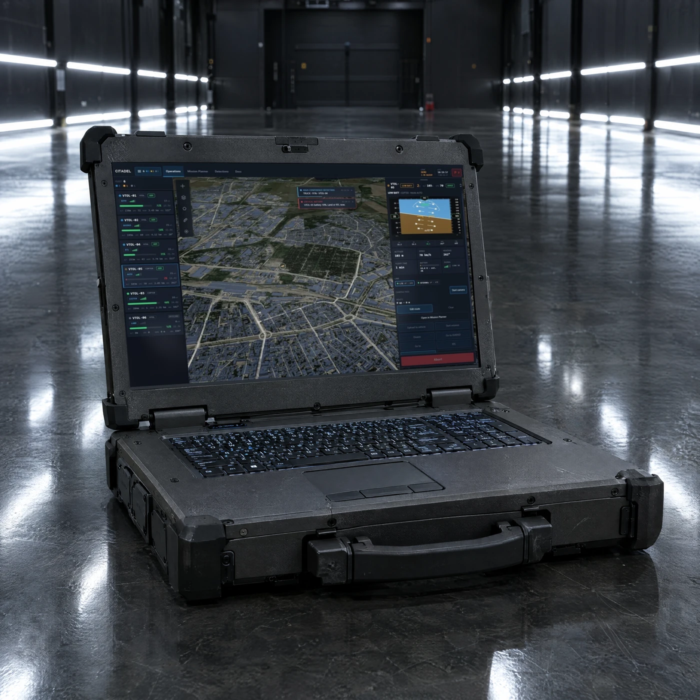 Citadel on a rugged laptop in a dark studio, design visualisation