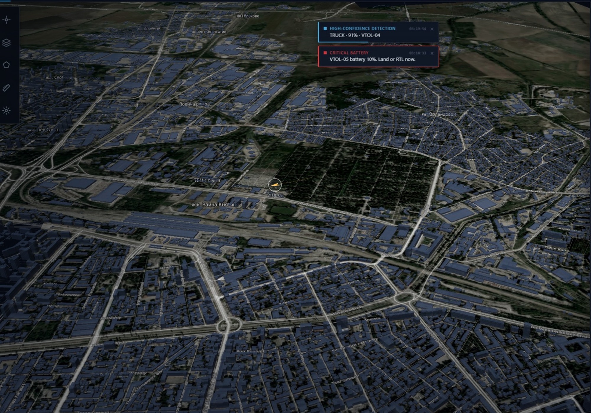 Citadel operational picture tracking VTOL-05 with a live high-confidence detection