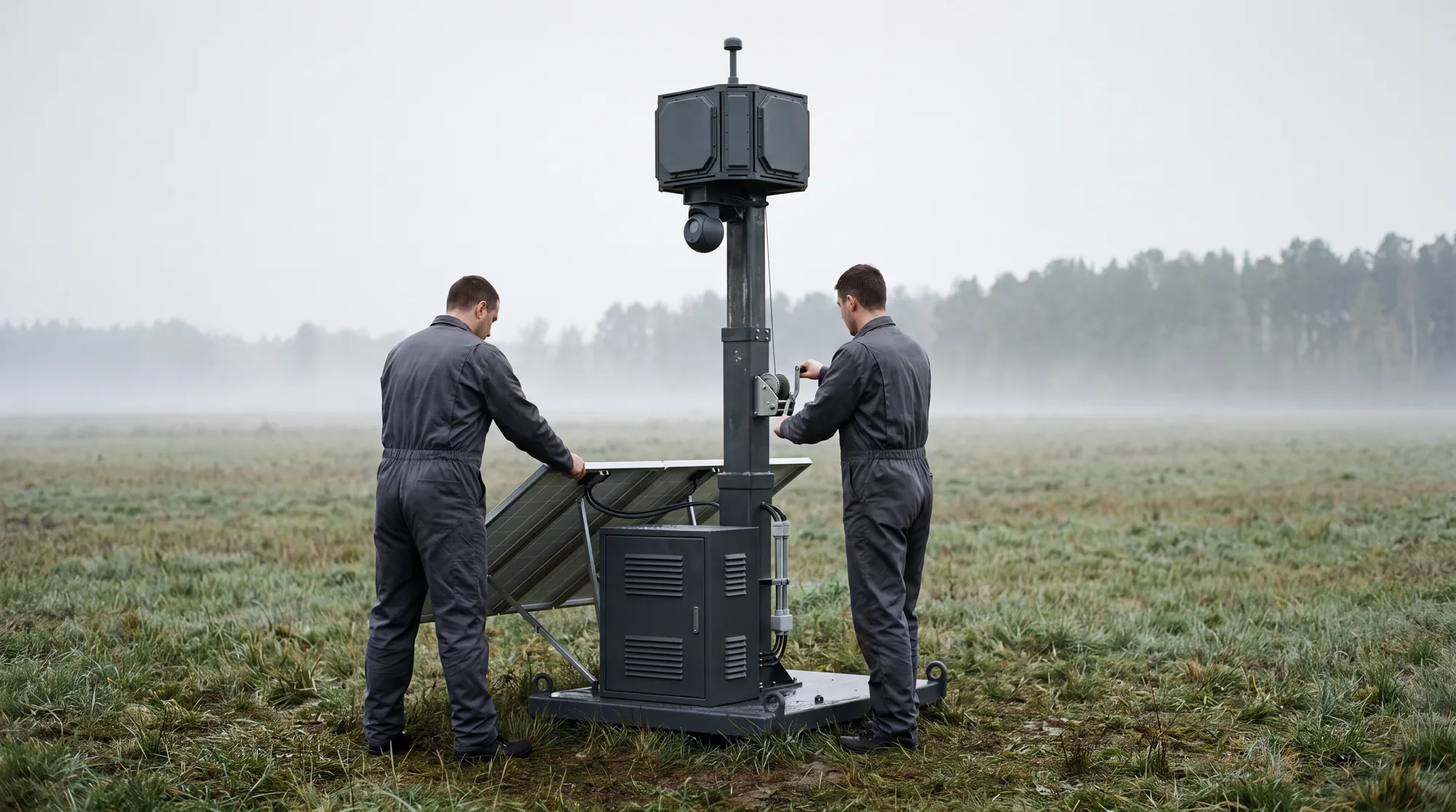Two technicians setting up Headland