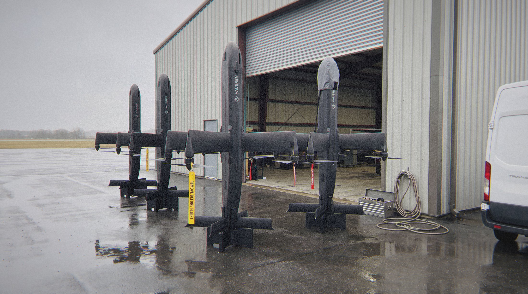 Vanguard interceptors on the apron outside the hangar