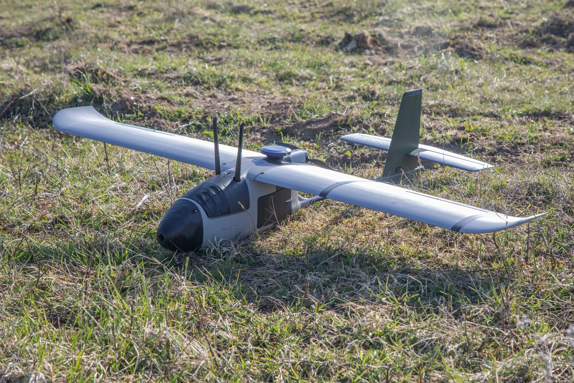 An experimental unmanned aircraft before a test flight at Hohenfels, Germany, archival photograph