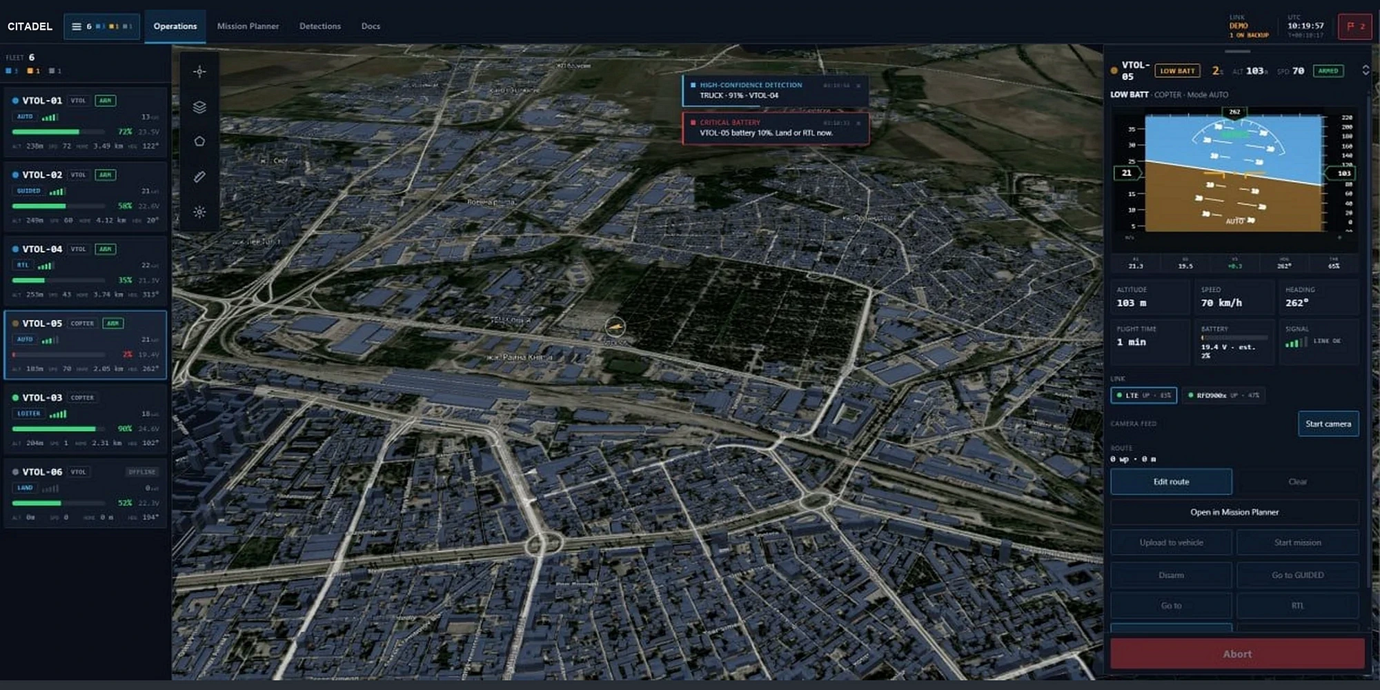 The Citadel interface with tracked aircraft over a map, demonstration data