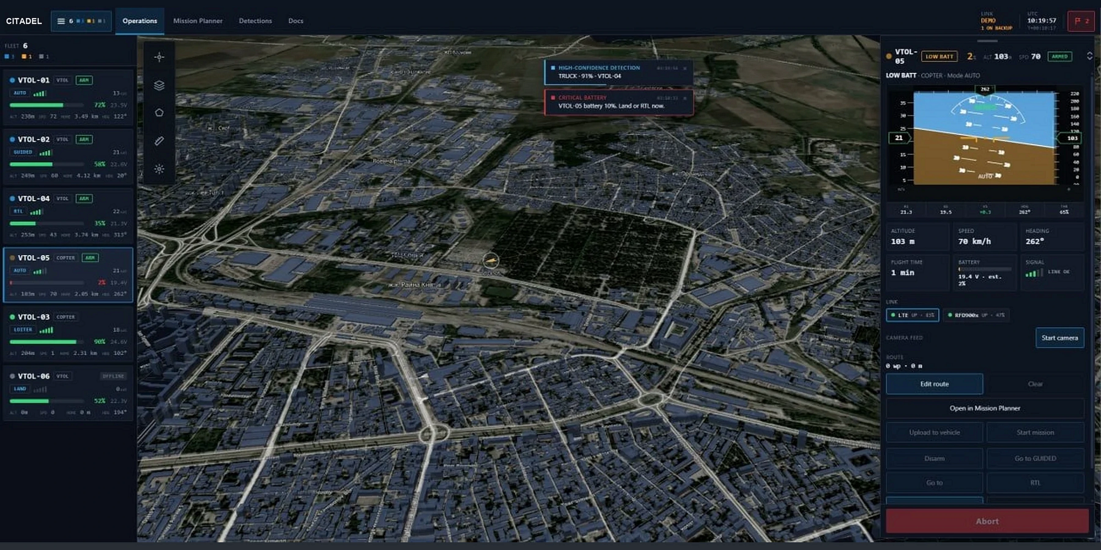 The Citadel interface: fleet, live map and flight display, demonstration data