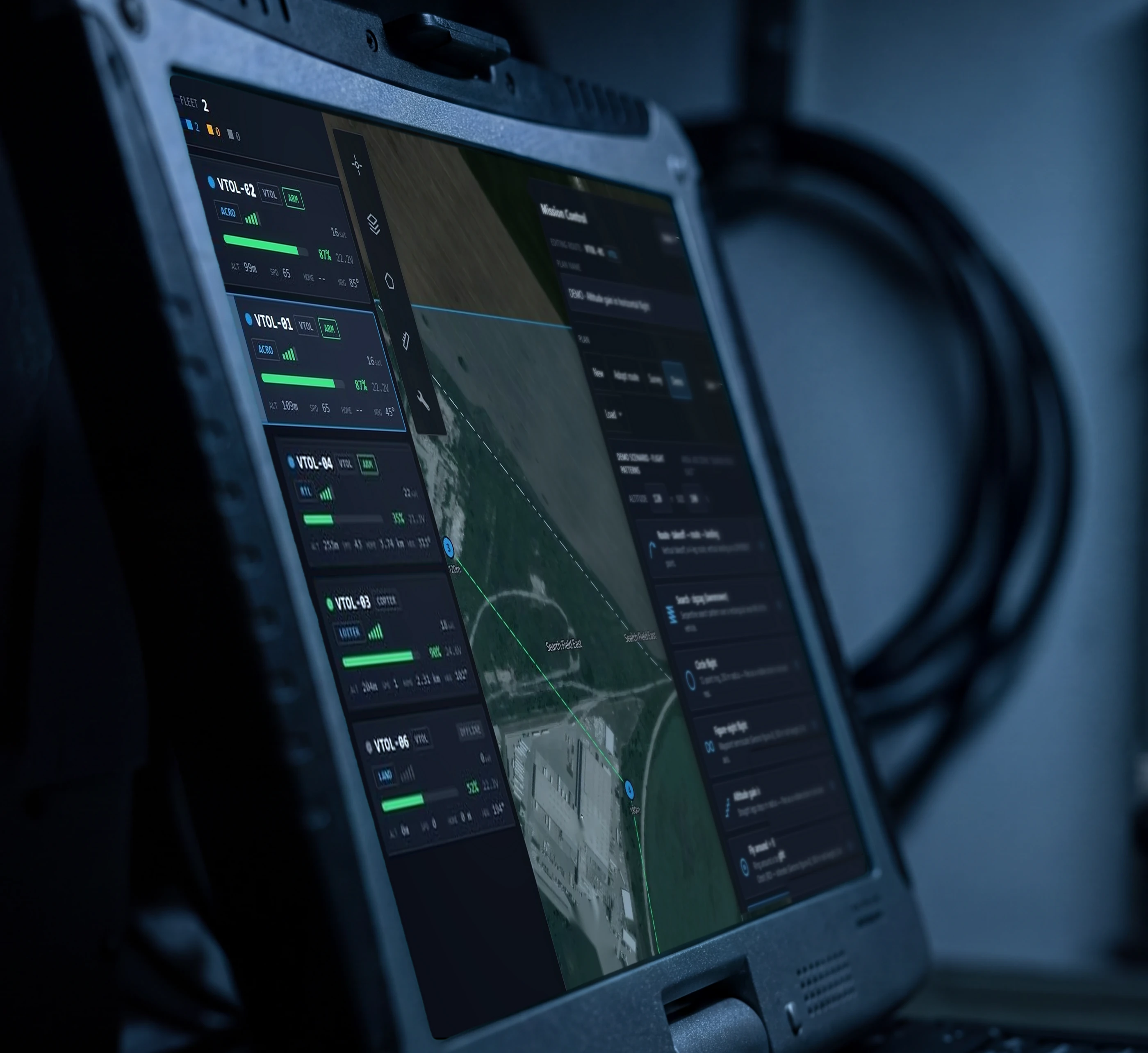 Citadel mission planning on a rugged laptop: fleet status, live map and planned route, demonstration data
