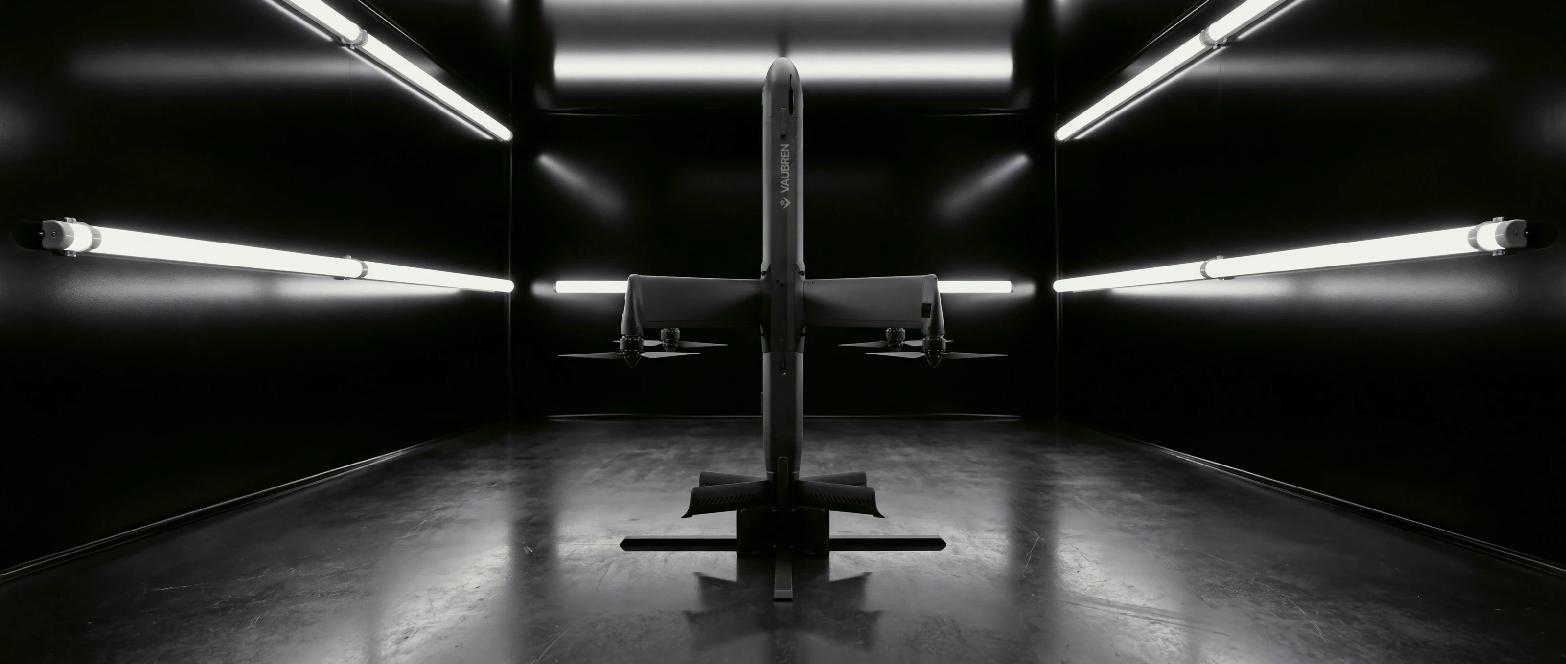Vanguard standing on its tail in a dark test bay, design visualisation