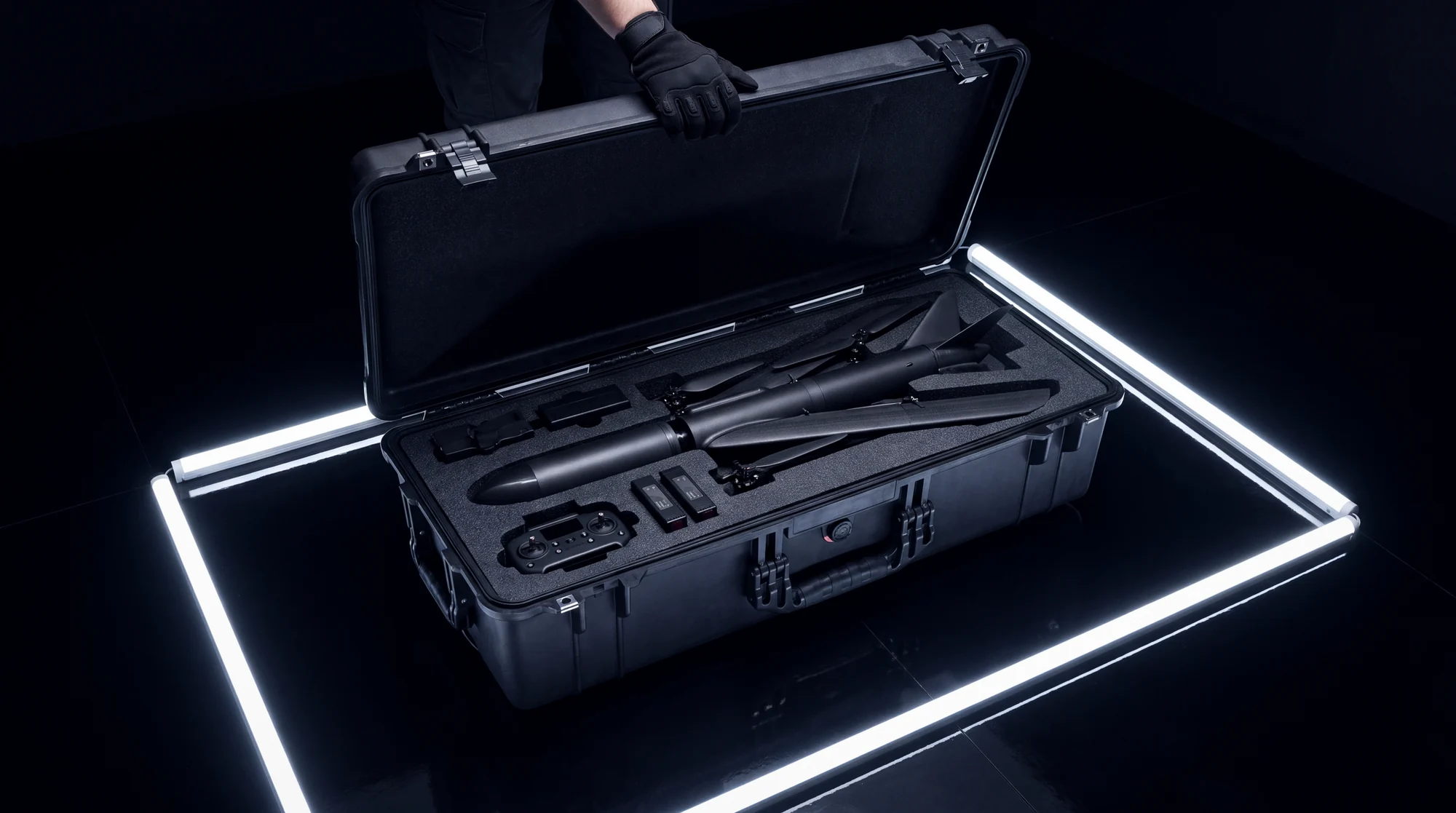 Cobra packed in its case with controller and batteries, visualisation