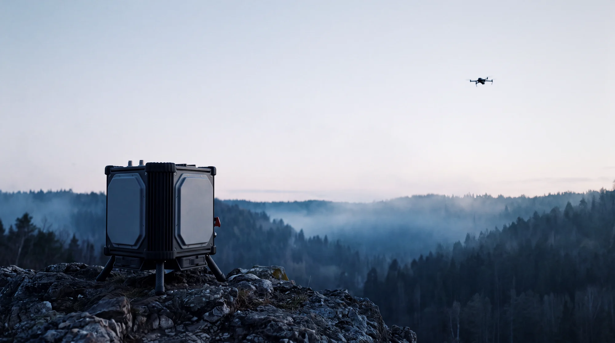 Stillpoint on a rocky ridge at dusk, design visualisation